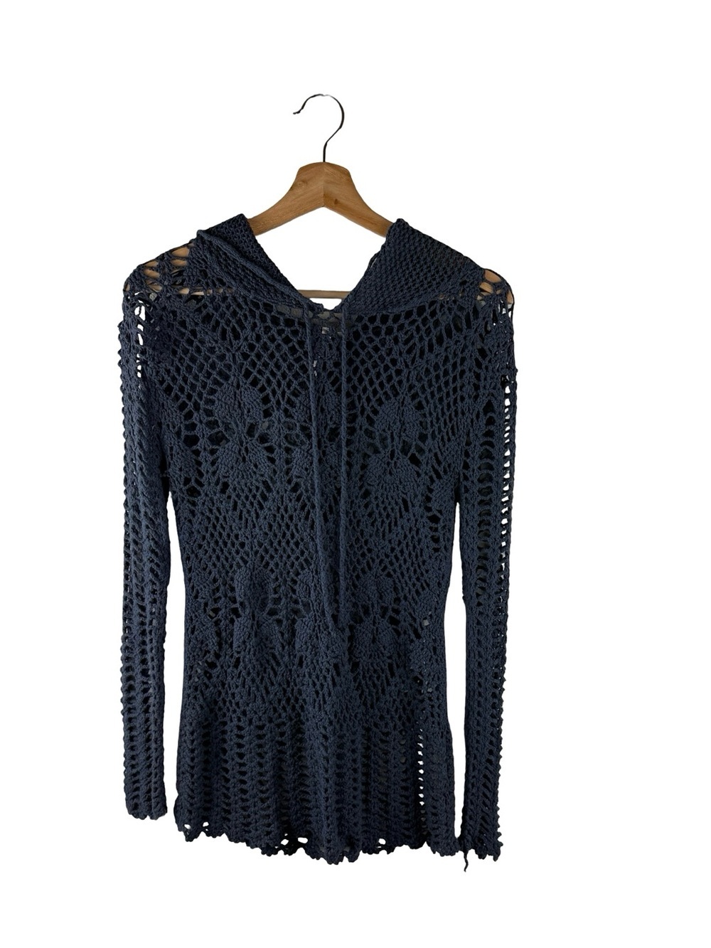 Mur Mur Blue Crochet Hooded Sweater Size Large Boho Featival Beach
